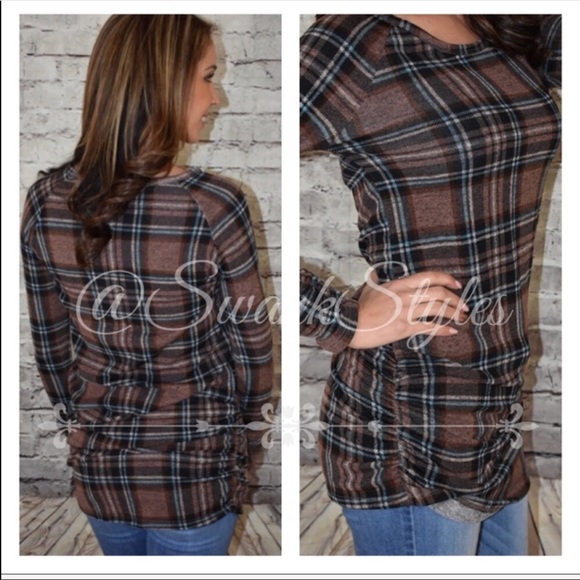 LAST 1❤️Long Sleeve Mocha Plaid Tunic Top - Picture 3 of 4